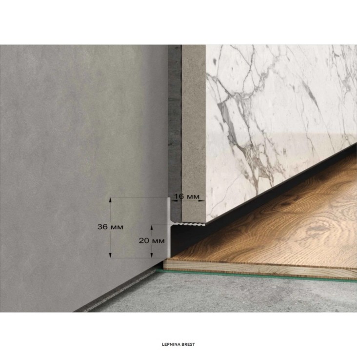 Теневой плинтус REVERSE 36 для панелей и керамогранита, Светлое-золото анод. (36х16х3000мм) зазор 15/20мм.