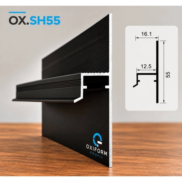 Плинтус с теневым зазором под подсветку OXIFORM Shadow OX.SH55, черный анод, рассеиватель в комплекте
